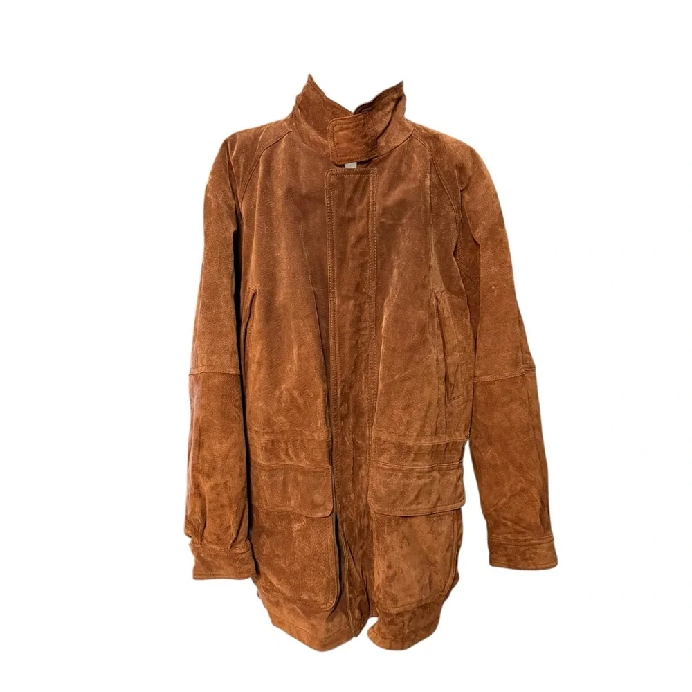 Vintage Y2K U2Wear Me Out Brown Suede Coat with Olive Suede Collar Size Large